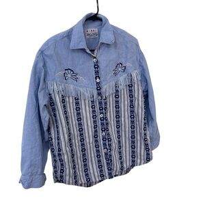 Jukebox 100% cotton light blue fringe western boho long sleeve button down top